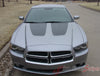 2011-2014 Dodge Charger Split Hood Mopar Factory Style Vinyl Graphics 3M Stripe Decal - Matte Black on Silver Front Close View